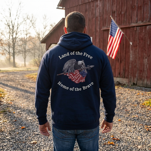 Man seen from behind in the Navy Land of the Free, Home of the Brave hooded sweatshirt, standing on a gravel drive beside a red barn with an American flag hanging on the wall.
