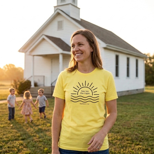 Woman wearing the Yellow You Are The Light shirt in front of a small white country church at golden hour, with children playing on the lawn behind her.