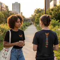 Load image into Gallery viewer, No. 26: Chrysalis to Flight - Lifestyle shot of two women walking, highlighting the front chest placement and the elongated botanical spine back print.