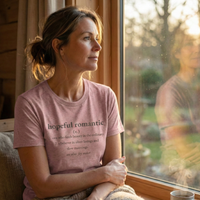 Load image into Gallery viewer, Mature woman looking out a window in warm light, wearing the Mauve 'Hopeful Romantic' premium tee. Emphasizes emotional validation and inner peace.