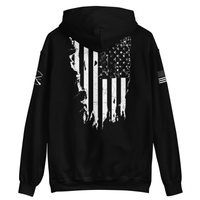 Load image into Gallery viewer, the 1776 Patriot's Club hoodie in Black, back view, showing the full distressed American flag graphic.
