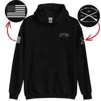 Load image into Gallery viewer, the 1776 Patriot's Club hoodie in Black, front view, showing the '1776' script wordmark at the left chest.
