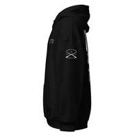 Load image into Gallery viewer, the left sleeve of the 1776 Patriot's Club hoodie in Black, showing the crossed-muskets 'This We'll Defend' Patriot's Club badge.
