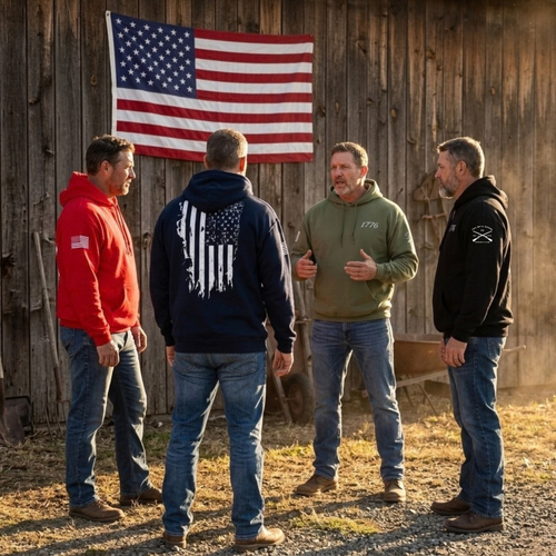 a lifestyle detail shot of the 1776 Patriot's Club hoodie.