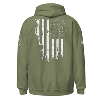 Load image into Gallery viewer, the 1776 Patriot's Club hoodie in Military Green, back view, showing the full distressed American flag graphic.
