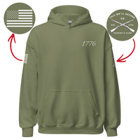 Load image into Gallery viewer, the 1776 Patriot's Club hoodie in Military Green, front view, showing the '1776' script wordmark at the left chest.
