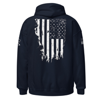 Load image into Gallery viewer, the 1776 Patriot's Club hoodie in Navy, back view, showing the full distressed American flag graphic.
