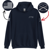 Load image into Gallery viewer, the 1776 Patriot's Club hoodie in Navy, front view, showing the '1776' script wordmark at the left chest.
