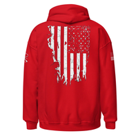 Load image into Gallery viewer, the 1776 Patriot's Club hoodie in Red, back view, showing the full distressed American flag graphic.
