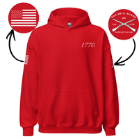 Load image into Gallery viewer, the 1776 Patriot's Club hoodie in Red, front view, showing the '1776' script wordmark at the left chest.

