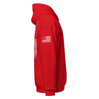Load image into Gallery viewer, the right sleeve of the 1776 Patriot's Club hoodie in Red, showing the American flag icon.

