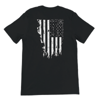 Load image into Gallery viewer, Black 1776 Patriot's Club shirt, back view: a full distressed American flag printed in white across the back.
