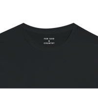 Load image into Gallery viewer, Inside collar of the black 1776 Patriot's Club shirt, printed in white: For God &amp; Country.
