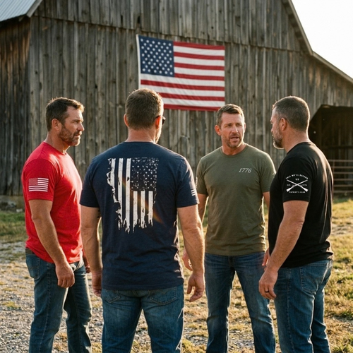Four men talking outside a weathered barn with an American flag on the wall, wearing the 1776 Patriot's Club shirt with sleeve graphics in Red, Heather Midnight Navy, Heather Military Green and Black.