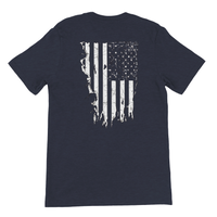 Load image into Gallery viewer, Heather Midnight Navy 1776 Patriot's Club shirt, back view: a full distressed American flag printed in white across the back.
