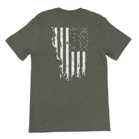 Load image into Gallery viewer, Heather Military Green 1776 Patriot's Club shirt, flat back view showing a full distressed American flag.
