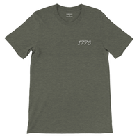 Load image into Gallery viewer, Heather Military Green 1776 Patriot's Club shirt, front view: 1776 in white script on the left chest, plain sleeves.
