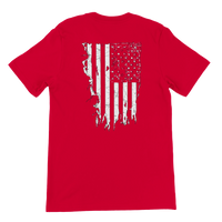 Load image into Gallery viewer, Red 1776 Patriot's Club shirt, back view: a full distressed American flag printed in white across the back.
