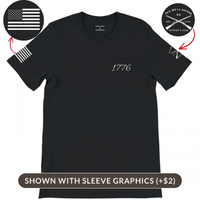 Load image into Gallery viewer, Black 1776 Patriot's Club shirt shown with the optional Sleeve Graphics (+$2): an American flag on the right sleeve and the crossed-muskets Patriot's Club badge on the left sleeve, 1776 script on the left chest.
