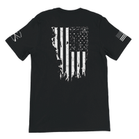 Load image into Gallery viewer, Black 1776 Patriot's Club shirt with sleeve graphics, back view: distressed American flag across the back, crossed-muskets badge and flag on the sleeves.
