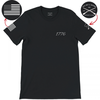 Load image into Gallery viewer, Black 1776 Patriot's Club shirt, Sleeve Graphics version: 1776 script on the left chest, an American flag on the right sleeve and the crossed-muskets Patriot's Club badge on the left sleeve.
