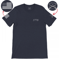 Load image into Gallery viewer, Heather Midnight Navy 1776 Patriot's Club shirt with sleeve graphics: 1776 script on the left chest, American flag on the right sleeve, crossed-muskets Patriot's Club badge on the left sleeve.
