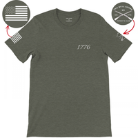 Load image into Gallery viewer, Heather Military Green 1776 Patriot's Club shirt with sleeve graphics: 1776 script on the left chest, American flag on the right sleeve, crossed-muskets Patriot's Club badge on the left sleeve.
