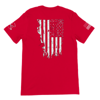 Load image into Gallery viewer, Red 1776 Patriot's Club shirt with sleeve graphics, back view: distressed American flag across the back, badges on both sleeves.
