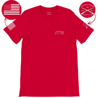 Load image into Gallery viewer, Red 1776 Patriot's Club shirt with sleeve graphics: 1776 script on the left chest, American flag on the right sleeve, crossed-muskets Patriot's Club badge on the left sleeve.
