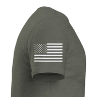 Load image into Gallery viewer, Right sleeve of the Heather Military Green 1776 Patriot's Club shirt: a small American flag printed in white.
