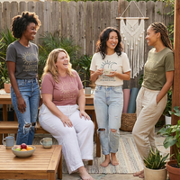 Load image into Gallery viewer, Group of four women laughing together in a garden patio setting, wearing the "Aligned Energy" t-shirt collection in Charcoal, Mauve, Cream, and Olive. Represents finding your soul tribe.