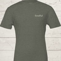 Load image into Gallery viewer, Women's premium sueded cotton graphic tee in Muted Olive Green. Mindful wellness apparel featuring the 'Soulful' study design on a Bella + Canvas 3001 base.