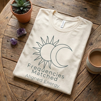 Load image into Gallery viewer, Vital Threads "Frequencies Matched" t-shirt in Soft Cream. Flat lay on a wooden table accented with amethyst crystals and succulents. Features a minimalist sun and moon line art design.