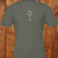 Load image into Gallery viewer, Women's premium sueded cotton graphic tee in Muted Olive Green. Features the white 'Survival &amp; Beauty' vintage botanical illustration. Earthy, mindful apparel.