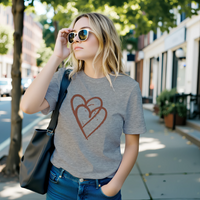 Load image into Gallery viewer, Vital Threads t-shirt featuring grey colored shirt sketched double heart design. Minimalist love and connection apparel.