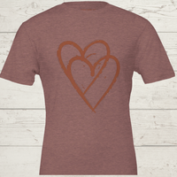 Load image into Gallery viewer, Vital Threads t-shirt featuring heather  mauve colored shirt sketched double heart design. Minimalist love and connection apparel.