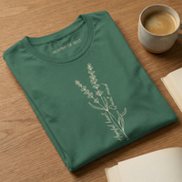 Load image into Gallery viewer, Forest Green botanical t-shirt folded neatly on a wooden surface next to a cup of coffee. Part of the "Worthy of Rest" collection.