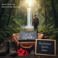 Load image into Gallery viewer, Folded dark grey Akiramenai t-shirt sitting on a vintage leather suitcase in a sunlit forest, next to a chalkboard sign reading "Resilience Starts Here."