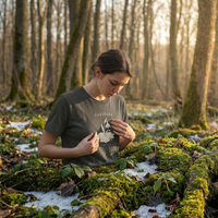 Load image into Gallery viewer, "Woman wearing dusty rose Yukidoke t-shirt with vintage snowdrop illustration, standing in a forest setting. Spiritual wellness apparel for women."