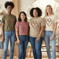 Load image into Gallery viewer, Diverse group of women wearing matching interlocking heart t-shirts in earth tones representing community and connection.
