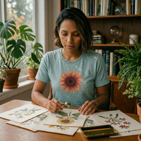 Load image into Gallery viewer, A woman examining antique 19th-century botanical lithographs with a jeweler's loupe, wearing the No. 28 The Evolution Premium Luxury Tee in Heather Ice Blue.