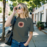Load image into Gallery viewer, A blonde woman on a sunny city street wearing the No. 28 The Evolution Premium Luxury Tee in Heather Military Green.