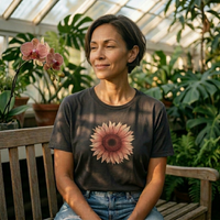 Load image into Gallery viewer, Conservatory Vintage Black: A sophisticated woman sitting in a lush botanical conservatory wearing the No. 28 The Evolution Premium Luxury Tee in Vintage Black, demonstrating a relaxed, quiet luxury aesthetic.