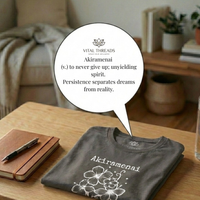 Load image into Gallery viewer, Dark grey Akiramenai t-shirt folded neatly on a wooden desk next to a leather journal and pen. A callout bubble highlights the inner collar definition: "Akiramenai (v.) to never give up; unyielding spirit."