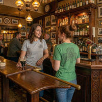 Load image into Gallery viewer, Two women conversing in a classic Irish pub. Left wears a heather grey t-shirt with a left-chest Celtic knot shamrock. Right wears a heather green t-shirt featuring a large dark charcoal Celtic knot shamrock back print by Vital Threads.