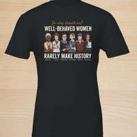 Load image into Gallery viewer, Flat lay full mockup of the black No. 32 Well-Behaved Women graphic t-shirt on sueded cotton.