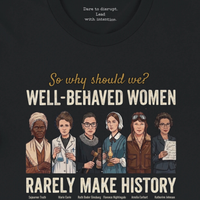 Load image into Gallery viewer, Close-up folded view of the black No. 32 Well-Behaved Women t-shirt, showcasing the distressed #F7F7F7 typography and gold hook text.