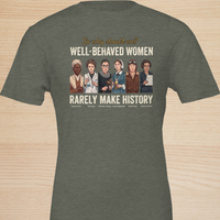 Load image into Gallery viewer, Flat lay full mockup of the olive green No. 32 Well-Behaved Women graphic t-shirt by Vital Threads.