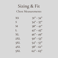 Load image into Gallery viewer, Vital Threads sizing and fit chart, listing chest measurements from XS to 5XL.