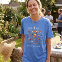Load image into Gallery viewer, All Is Well shirt in Heather Columbia Blue — garden party lifestyle scene